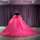 Off-Shoulder Ball Gown Sweetheart Neckline with Long Sleeves Lace Appliques & Beaded Details in Hot Pink Tulle for Quinceanera Sweet 16 or Princess Party